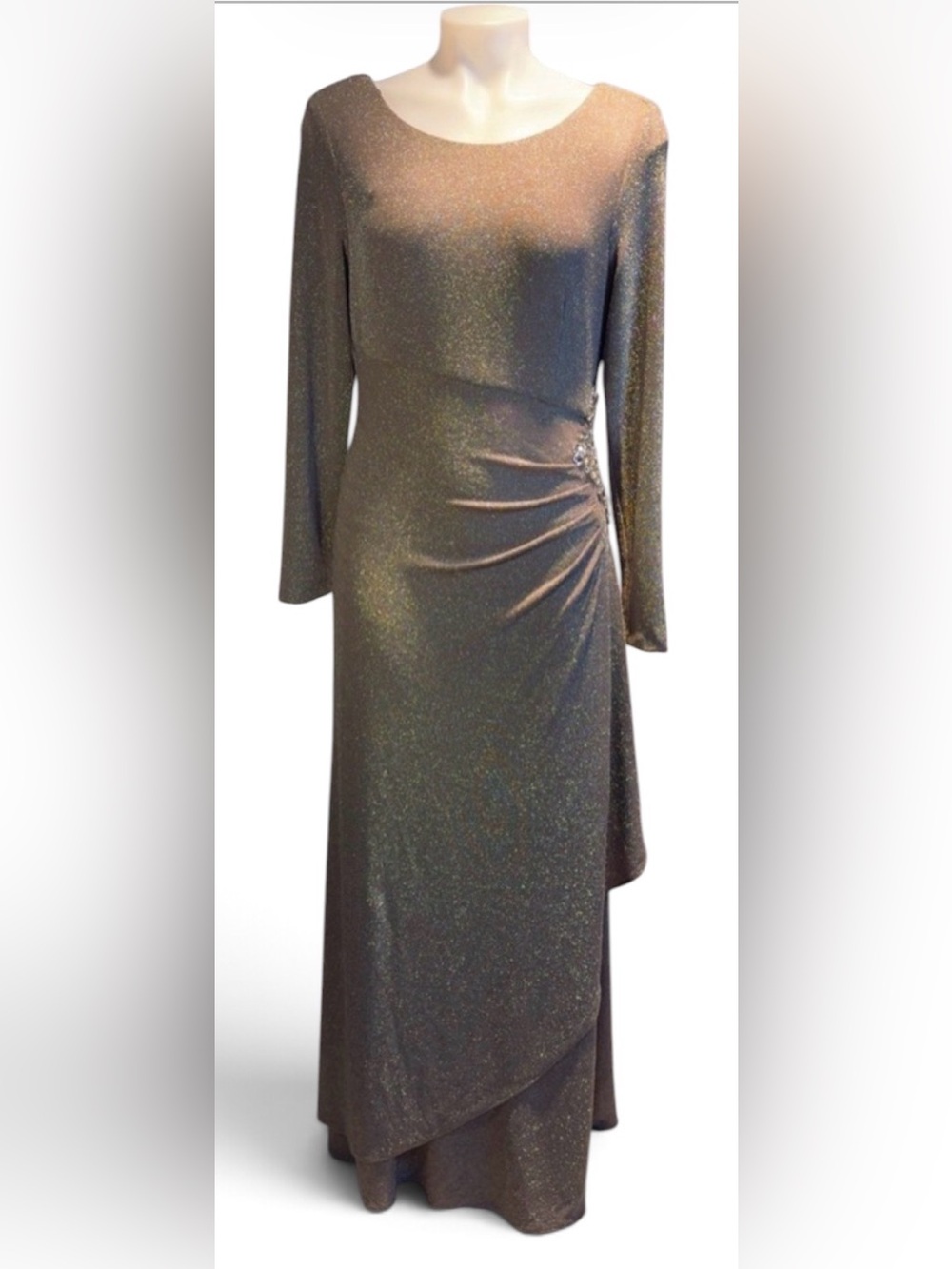 Xscape Elegant Long Sleeve Dress in Gold